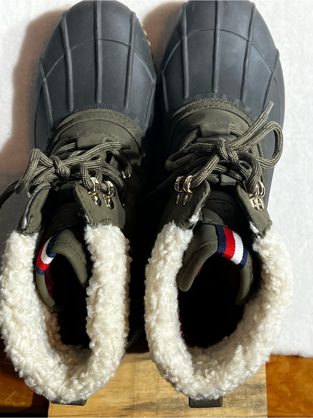 Tommy Hilfiger Olive & Black Sherpa-Lined Duck Boots with Flag Trim